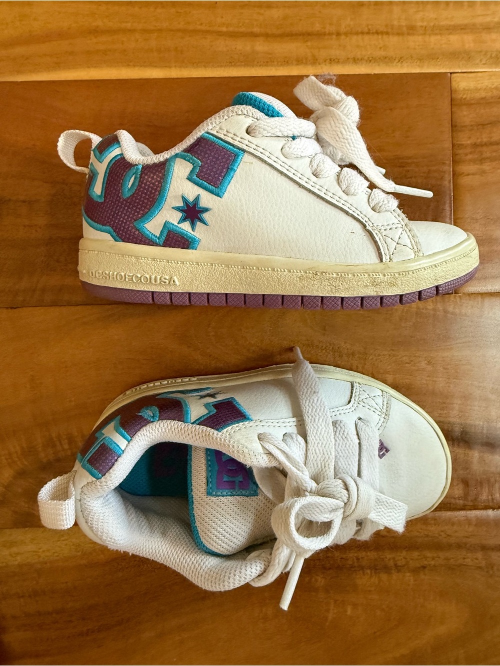 DC Kids White Sneakers with Purple & Teal Accents